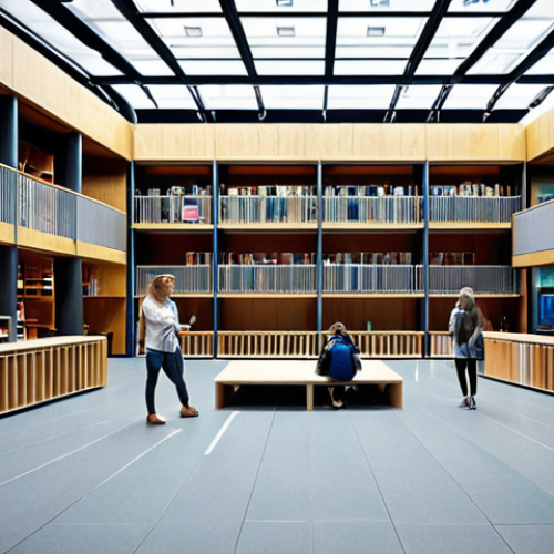 **

A modern university campus in Denmark, showcasing students from diverse backgrounds interacting in a friendly and collaborative environment. Include elements that represent high-quality education, such as modern architecture, libraries, and advanced technology. The overall atmosphere should be welcoming and safe.

**