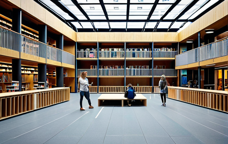 **
A modern university campus in Denmark, showcasing students from diverse backgrounds interacting in a friendly and collaborative environment. Include elements that represent high-quality education, such as modern architecture, libraries, and advanced technology. The overall atmosphere should be welcoming and safe.
**