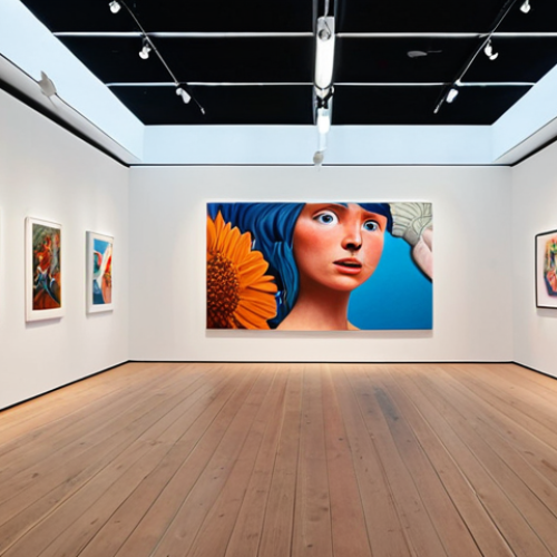 **Vibrant art gallery interior in Copenhagen:** Focus on modern design, contemporary art, and a friendly atmosphere, inspired by the NiTest Gallery.