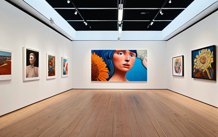 **Vibrant art gallery interior in Copenhagen:** Focus on modern design, contemporary art, and a friendly atmosphere, inspired by the NiTest Gallery.